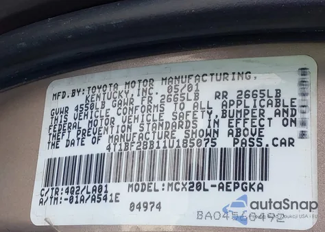 2001 Toyota Avalon Xls z USA, uszkodzony, nr VIN 4T1BF28B11U185075